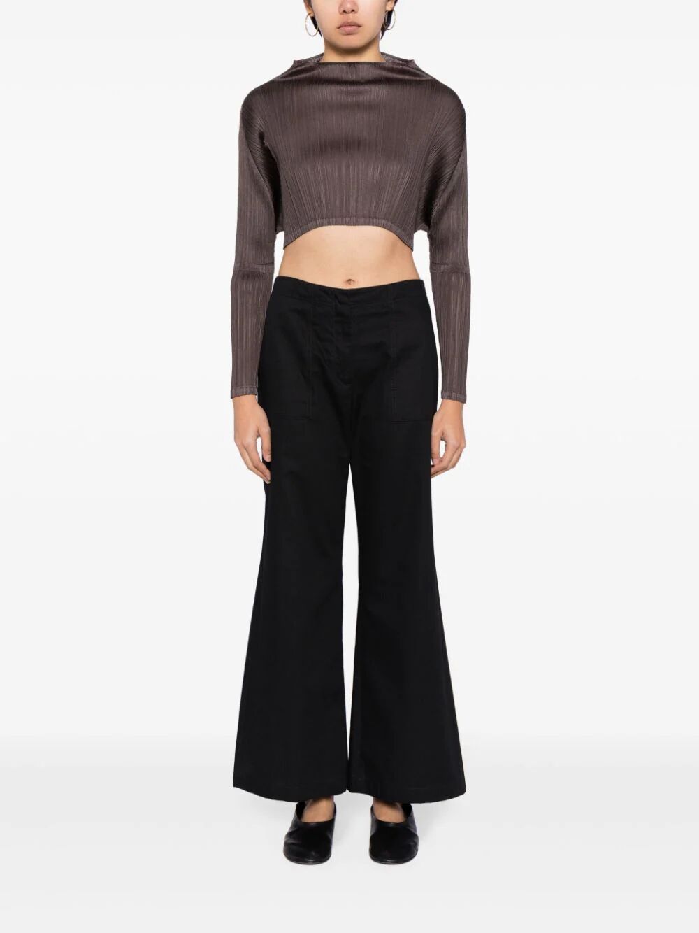 long-sleeve plissé cropped top