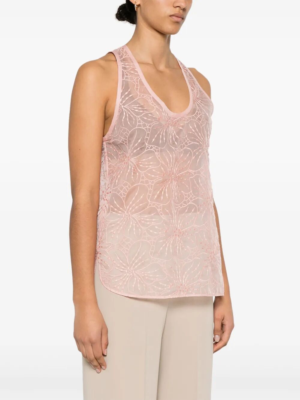 floral-embroidered organza tank top
